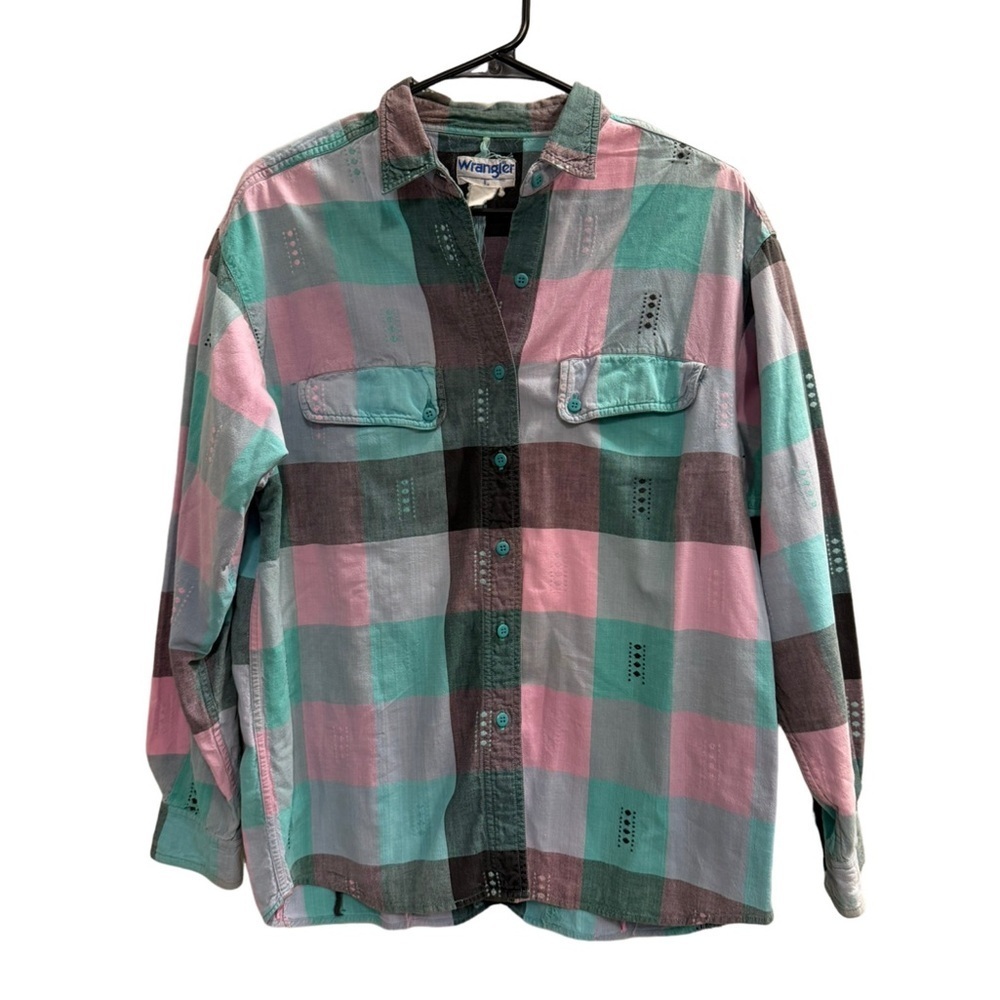 Vintage WRANGLER Button Down Shirt Pink Teal Black Plaid Size Large
